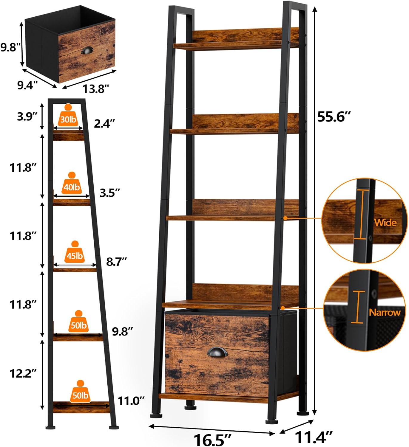 Furologee 5-Tier Ladder Shelf, Ladder Bookshelf with Removable Drawer, Rustic Bookcase Storage Rack Organizer, Wood Metal Freestanding Storage Shelf for Living Room, Home Office, Bedroom, Balcony - Image 3