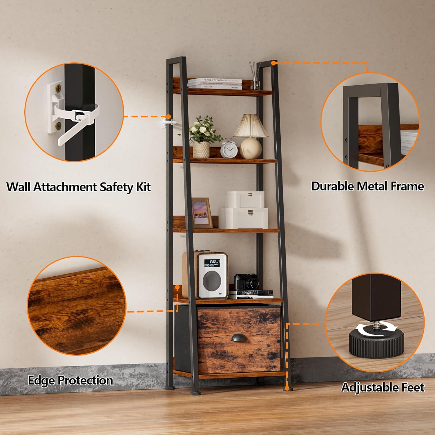 Furologee 5-Tier Ladder Shelf, Ladder Bookshelf with Removable Drawer, Rustic Bookcase Storage Rack Organizer, Wood Metal Freestanding Storage Shelf for Living Room, Home Office, Bedroom, Balcony - Image 4