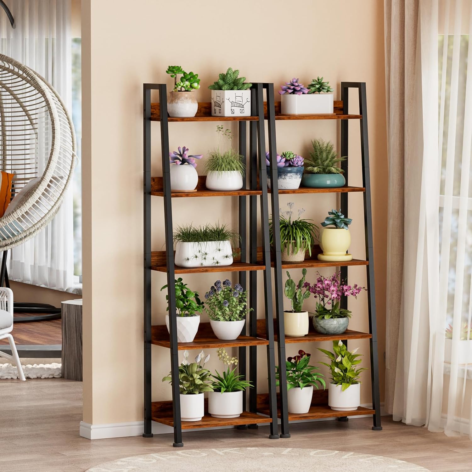 Furologee 5-Tier Ladder Shelf, Ladder Bookshelf with Removable Drawer, Rustic Bookcase Storage Rack Organizer, Wood Metal Freestanding Storage Shelf for Living Room, Home Office, Bedroom, Balcony - Image 8