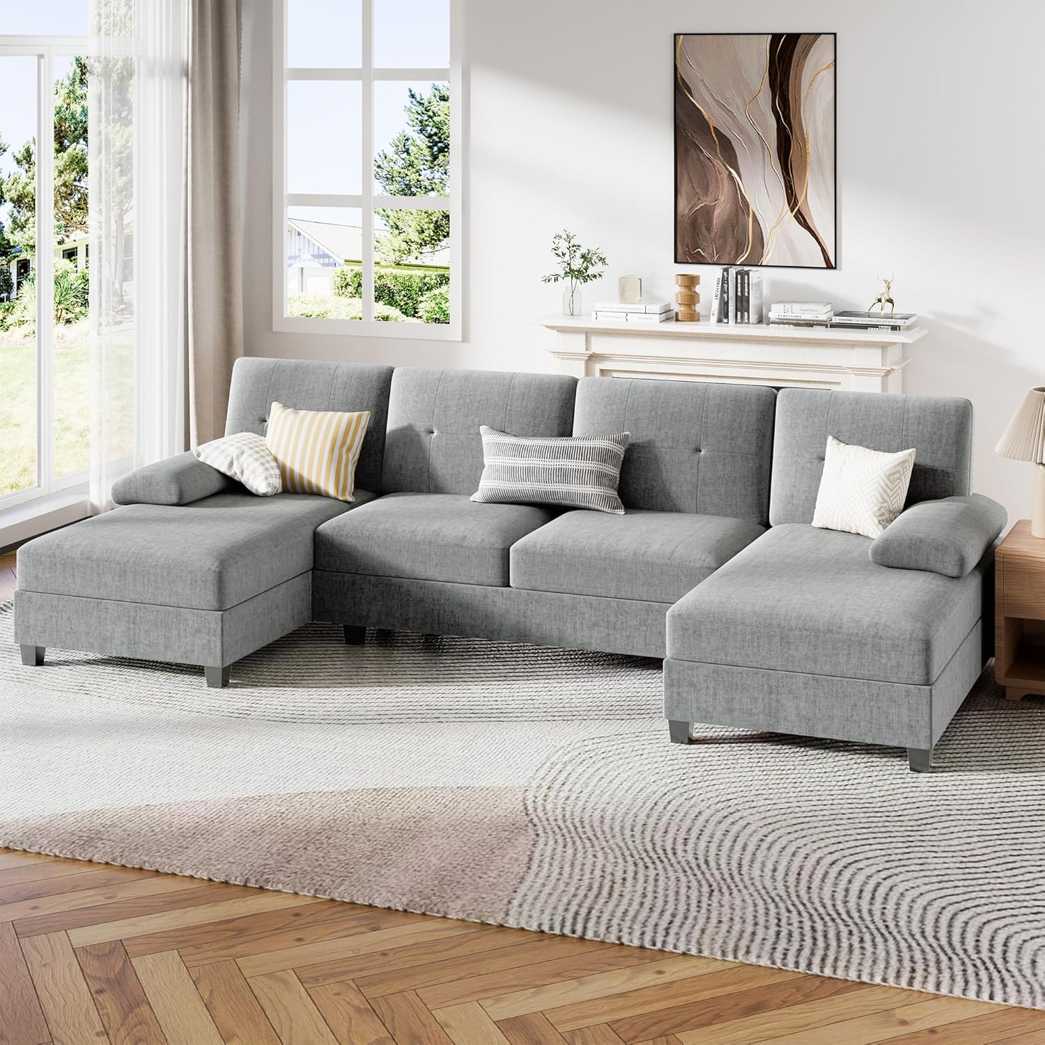 JY QAQA Sectional Couche with Soft Cushion, U-Shaped Sofa with Double Chaise, 4-Seat Linen Fabric Sofa Sets for Living Room, Apartment, Taupe