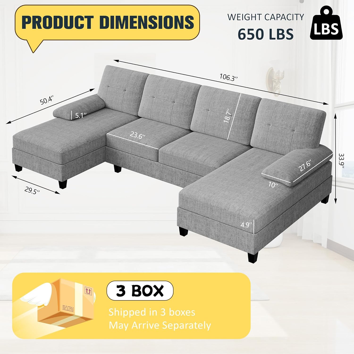 JY QAQA Sectional Couche with Soft Cushion, U-Shaped Sofa with Double Chaise, 4-Seat Linen Fabric Sofa Sets for Living Room, Apartment, Taupe - Image 2