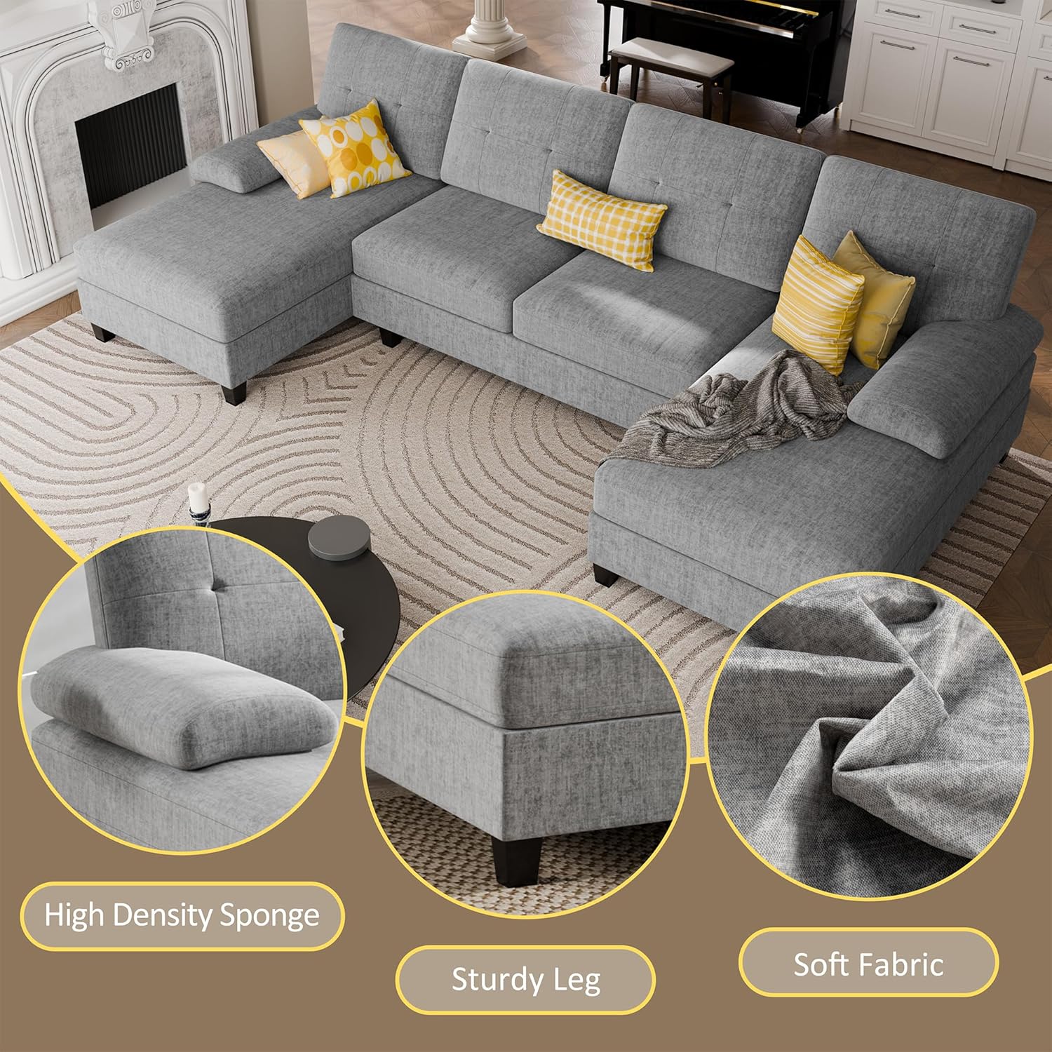 JY QAQA Sectional Couche with Soft Cushion, U-Shaped Sofa with Double Chaise, 4-Seat Linen Fabric Sofa Sets for Living Room, Apartment, Taupe - Image 3