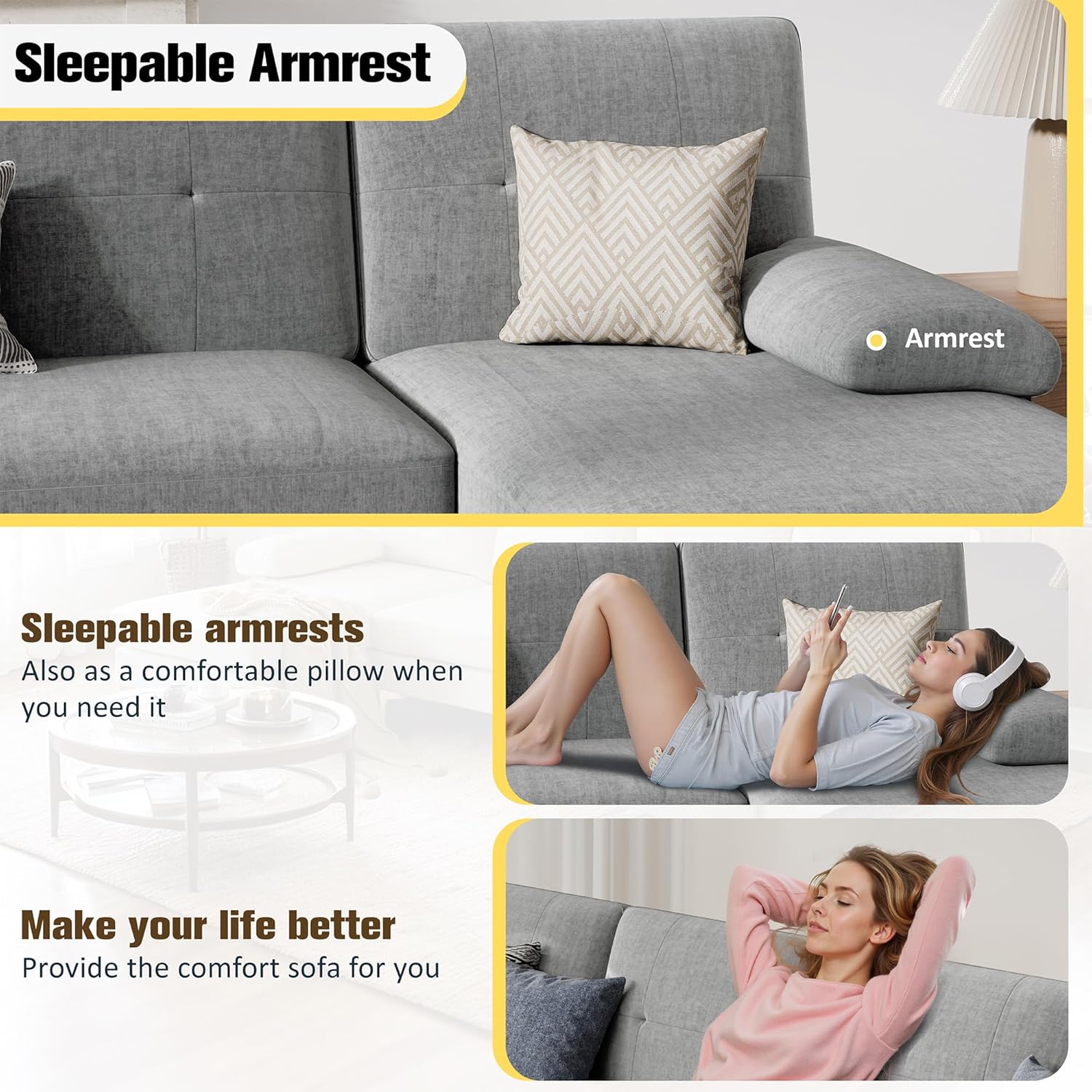 JY QAQA Sectional Couche with Soft Cushion, U-Shaped Sofa with Double Chaise, 4-Seat Linen Fabric Sofa Sets for Living Room, Apartment, Taupe - Image 4