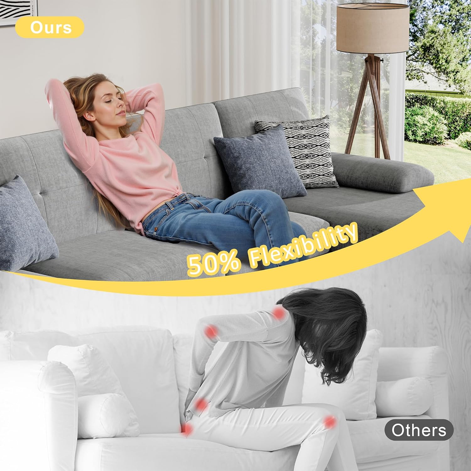 JY QAQA Sectional Couche with Soft Cushion, U-Shaped Sofa with Double Chaise, 4-Seat Linen Fabric Sofa Sets for Living Room, Apartment, Taupe - Image 5