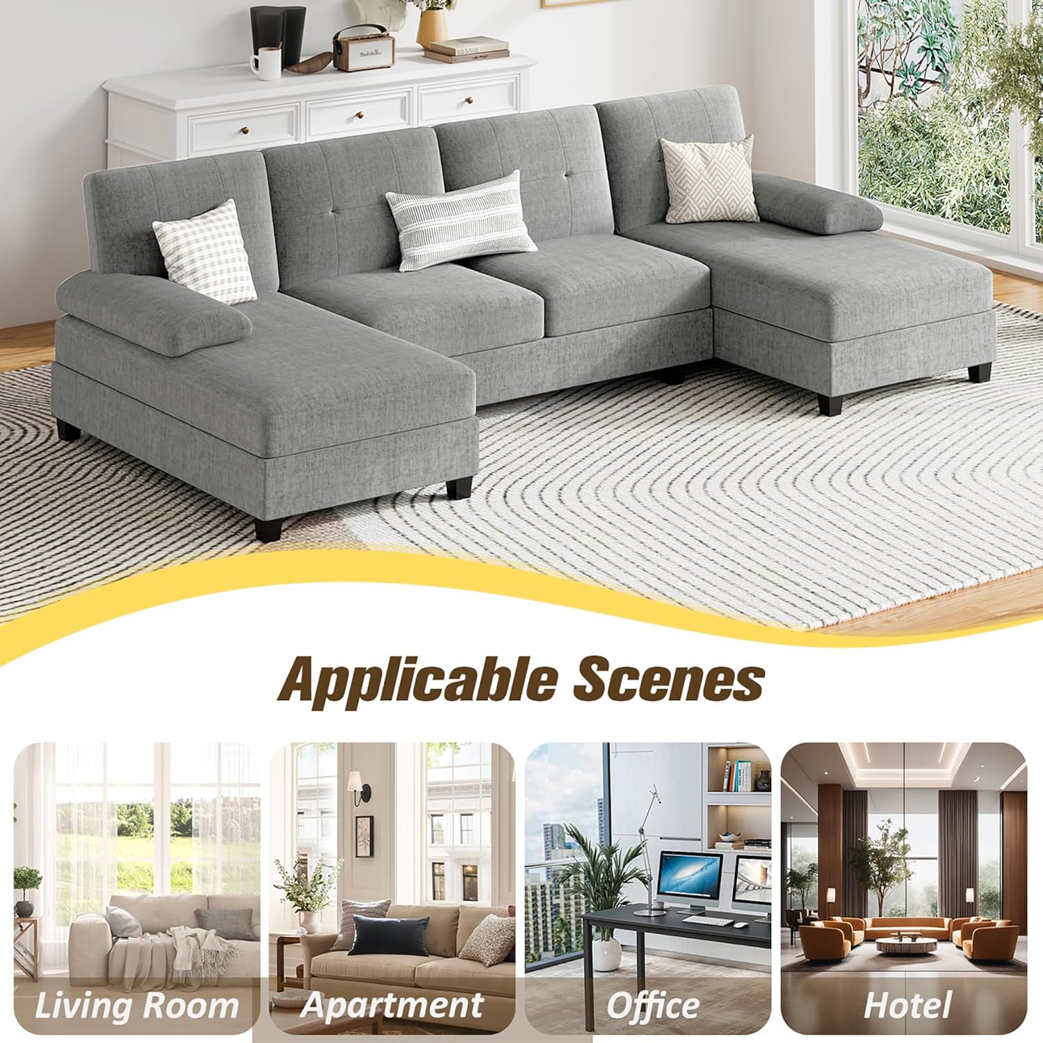 JY QAQA Sectional Couche with Soft Cushion, U-Shaped Sofa with Double Chaise, 4-Seat Linen Fabric Sofa Sets for Living Room, Apartment, Taupe - Image 6