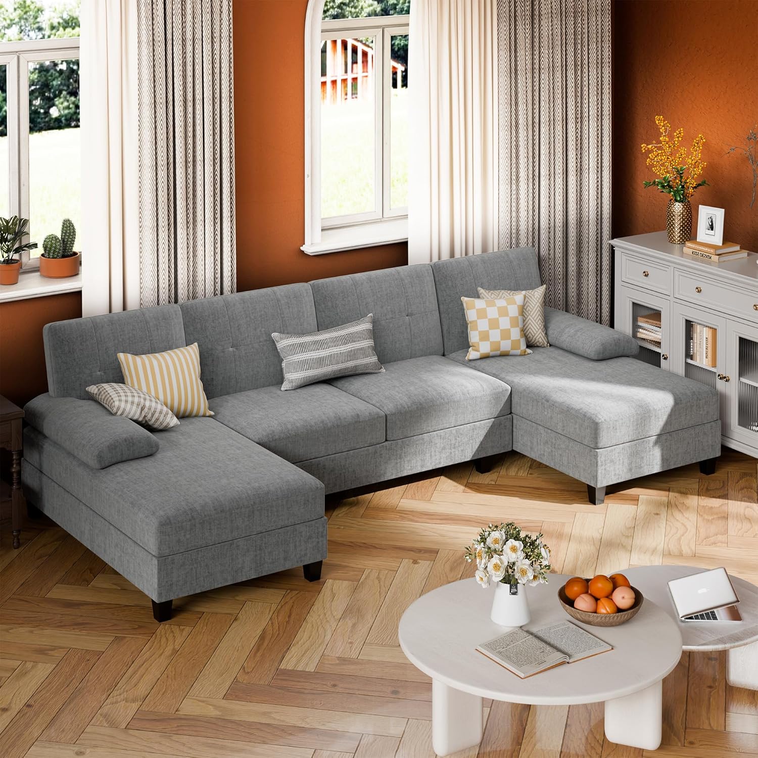 JY QAQA Sectional Couche with Soft Cushion, U-Shaped Sofa with Double Chaise, 4-Seat Linen Fabric Sofa Sets for Living Room, Apartment, Taupe - Image 7