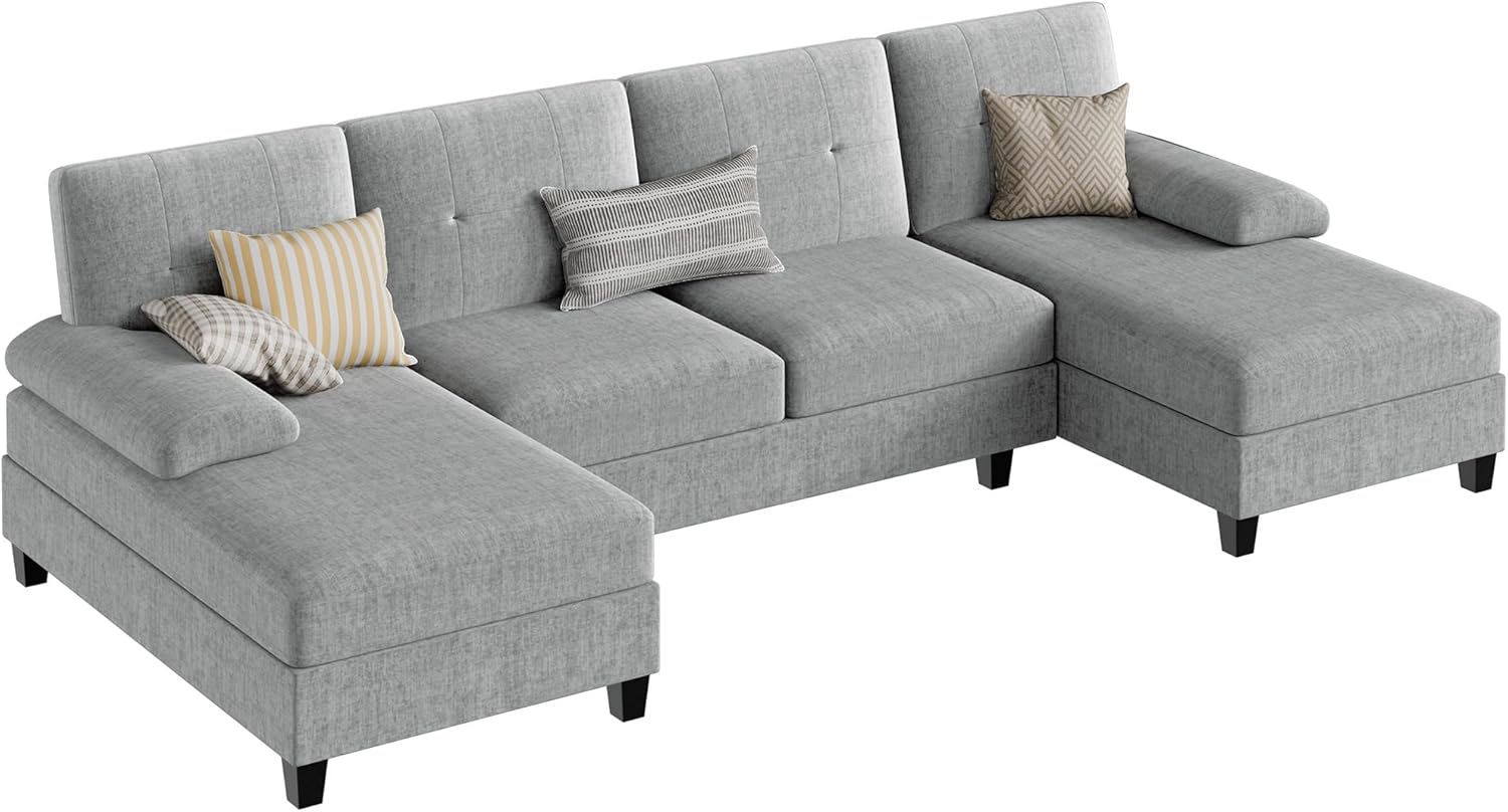 JY QAQA Sectional Couche with Soft Cushion, U-Shaped Sofa with Double Chaise, 4-Seat Linen Fabric Sofa Sets for Living Room, Apartment, Taupe - Image 8