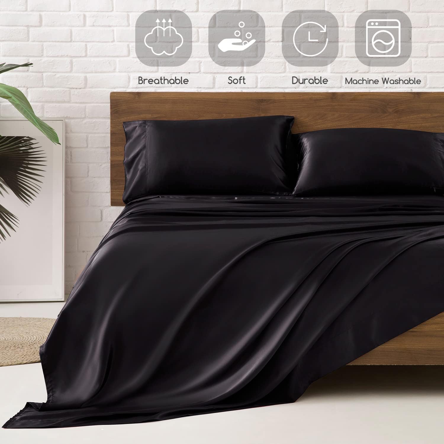 MR&HM Satin Bed Sheets, Queen Size Sheets Set, 4 Pcs Silky Bedding Set with 15 Inches Deep Pocket for Mattress (Queen, Black) - Image 6