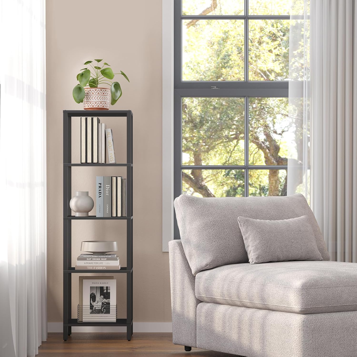 TUTOTAK Bookshelf, 5-Tier Tall Book Shelf, Narrow Bookcase for Small Space, DIY Stackable Bookshelf, for Living Room, Office, Study, Entryway, Industrial, Black BS01BK005 - Image 4